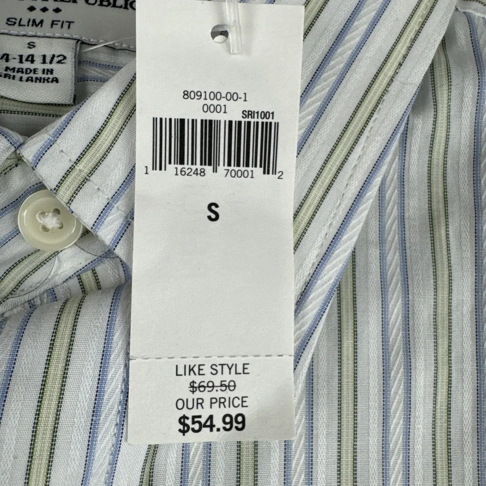 New! Banana Republic Mens White Yellow Blue Striped Shirt S 14-14.5 Slim Fit